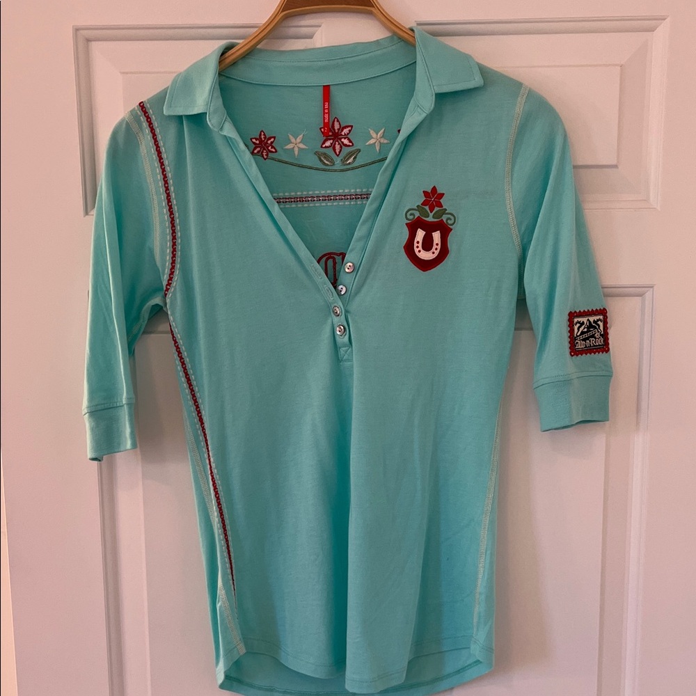 Alp N Rock women’s cowgirl themed Turquoise Polo with Embroidery